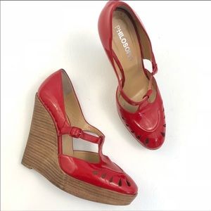 Philosophy red leather platform wedges